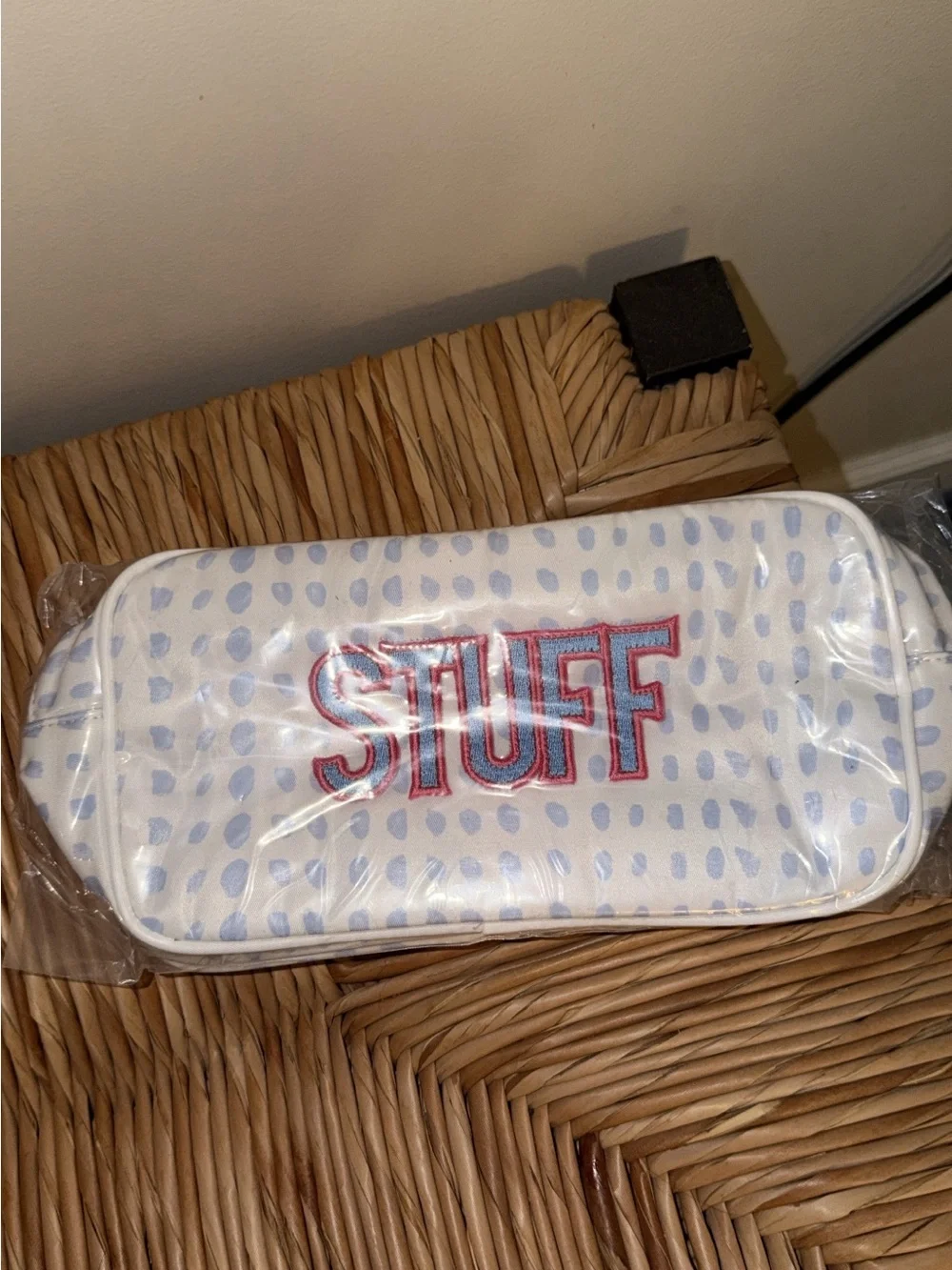 White Cosmetic Pouch with Light Blue Dot Print